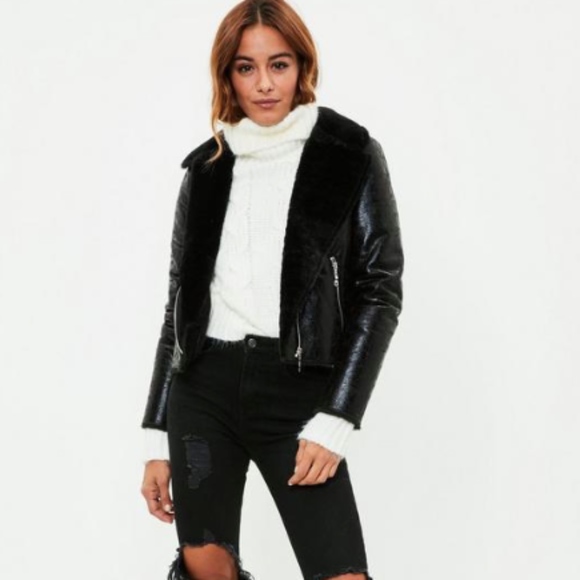Missguided Jackets & Blazers - Black Cracked Metallic Biker Jacket